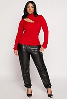 Womens Asymmetrical Cut Out Mock Neck Sweater, Red, Size M