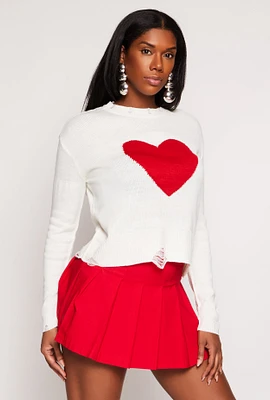 Womens Distressed Heart Graphic Crew Neck Top, White,