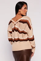 Womens Chevron Criss Cross Back Sweater, Brown, Size L