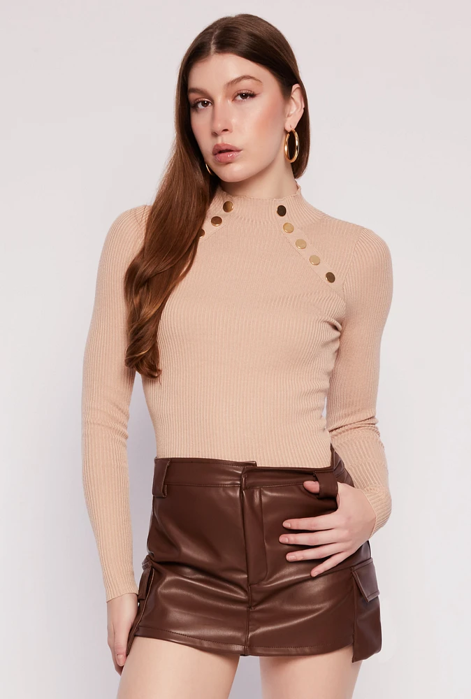 Womens Button Detail Mock Neck Top,