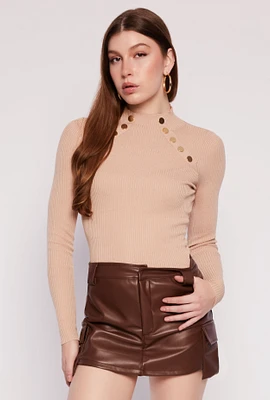 Womens Button Detail Mock Neck Top,