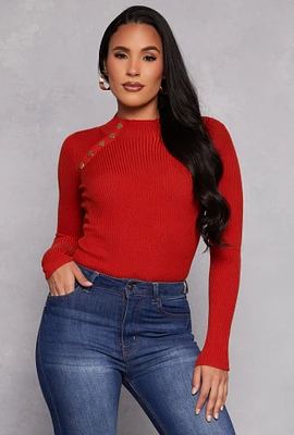 Womens Button Detail Mock Neck Top, Red, Size M