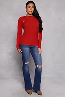 Womens Button Detail Mock Neck Top, Red, Size M