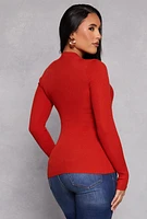 Womens Button Detail Mock Neck Top, Red, Size M