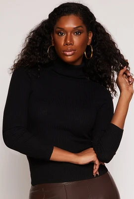 Womens Ribbed Knit Long Sleeve Turtleneck Top, Black, Size L