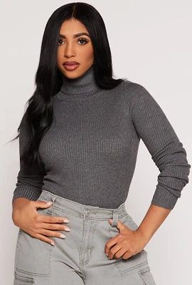 Womens Ribbed Knit Long Sleeve Turtleneck Top, Grey, Size S