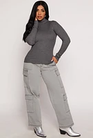 Womens Ribbed Knit Long Sleeve Turtleneck Top, Grey, Size S