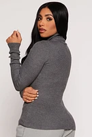 Womens Ribbed Knit Long Sleeve Turtleneck Top, Grey, Size S