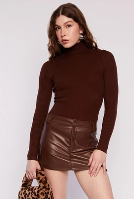 Womens Ribbed Knit Long Sleeve Turtleneck Top, Brown,