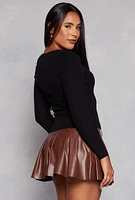 Womens Cable Knit Square Neck Sweater, Black, Size XL