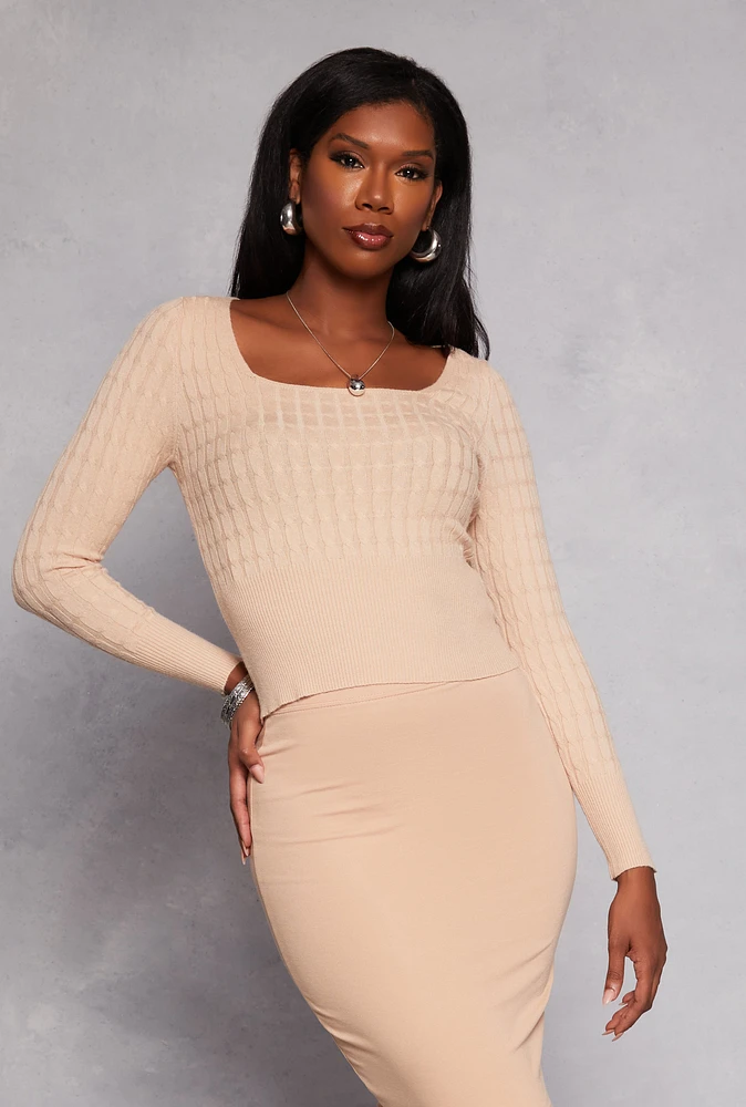 Womens Cable Knit Square Neck Sweater, Beige, Size XL