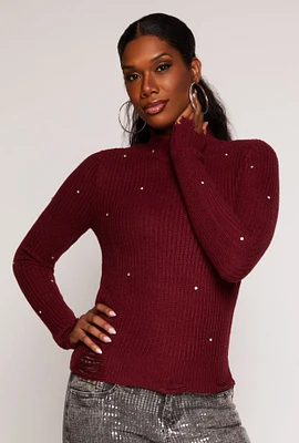 Womens Rhinestone Studded Distressed Sweater, Burgundy, Size S
