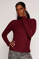 Womens Rhinestone Studded Distressed Sweater, Burgundy, Size S