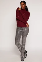 Womens Rhinestone Studded Distressed Sweater, Burgundy, Size S