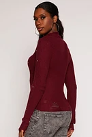 Womens Rhinestone Studded Distressed Sweater, Burgundy, Size S