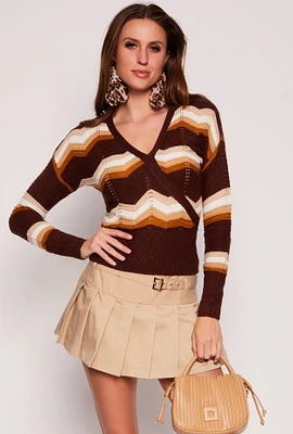 Womens Chevron Faux Wrap Sweater, Brown,