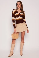 Womens Chevron Faux Wrap Sweater, Brown,