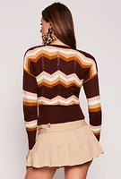 Womens Chevron Faux Wrap Sweater, Brown,