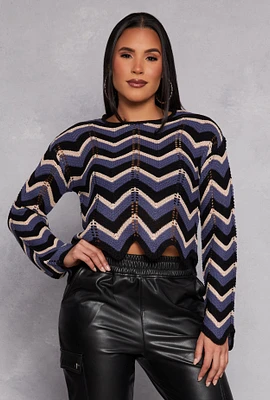Womens Chevron Pointelle Long Sleeve Crop Top, Multi, Size M