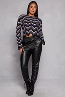 Womens Chevron Pointelle Long Sleeve Crop Top, Multi, Size M