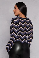 Womens Chevron Pointelle Long Sleeve Crop Top, Multi, Size M