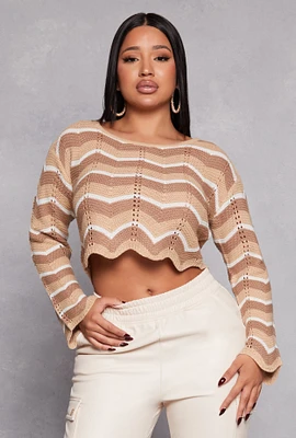 Womens Chevron Pointelle Long Sleeve Crop Top,