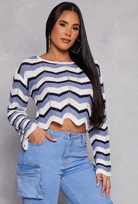 Womens Chevron Pointelle Long Sleeve Crop Top, Blue, Size M