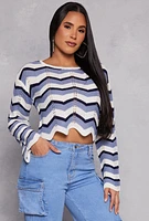 Womens Chevron Pointelle Long Sleeve Crop Top, Blue, Size M