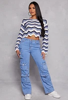 Womens Chevron Pointelle Long Sleeve Crop Top, Blue, Size M