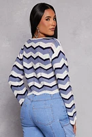 Womens Chevron Pointelle Long Sleeve Crop Top, Blue, Size M
