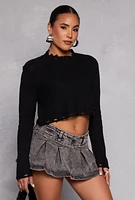 Womens Distressed Hem Cropped Sweater, Black, Size L