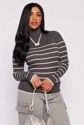 Womens Striped Turtleneck Sweater, Grey,