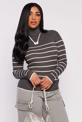 Womens Striped Turtleneck Sweater, Grey, Size M