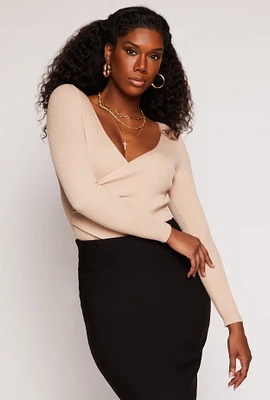 Womens Rib Knit Long Sleeve Surplice Sweater, Beige,