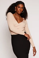 Womens Rib Knit Long Sleeve Surplice Sweater, Beige,