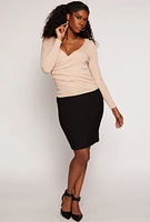 Womens Rib Knit Long Sleeve Surplice Sweater,