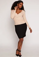 Womens Rib Knit Long Sleeve Surplice Sweater, Beige,