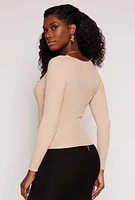 Womens Rib Knit Long Sleeve Surplice Sweater, Beige,