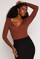 Womens Rib Knit Long Sleeve Surplice Sweater, Brown, Size M