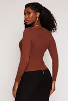 Womens Rib Knit Long Sleeve Surplice Sweater, Brown, Size M