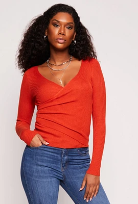 Womens Rib Knit Long Sleeve Surplice Sweater, Orange, Size S