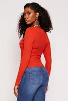 Womens Rib Knit Long Sleeve Surplice Sweater, Orange, Size S
