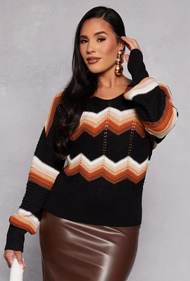 Womens Chevron Knit Caged Back Sweater, Black, Size L