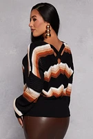 Womens Chevron Knit Caged Back Sweater, Black, Size L