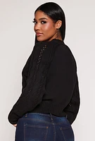 Womens Pointelle Cable Knit Long Sleeve Cardigan,