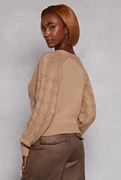 Womens Pointelle Cable Knit Long Sleeve Cardigan,