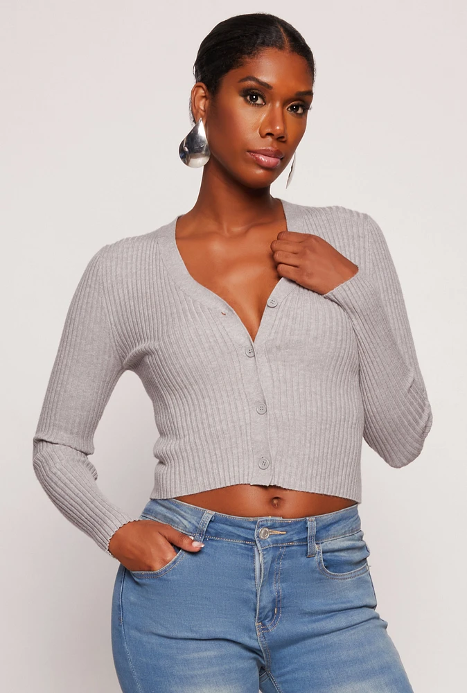 Womens Ribbed Knit Button Front Cropped Cardigan, Grey, Size M