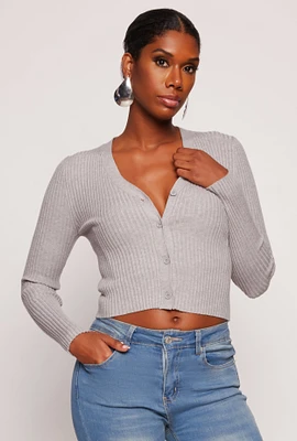 Womens Ribbed Knit Button Front Cropped Cardigan, Grey, Size M