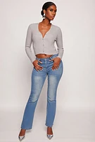 Womens Ribbed Knit Button Front Cropped Cardigan, Grey, Size M