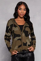 Womens Distressed Camo Zip Front Hooded Sweater, Green, Size S